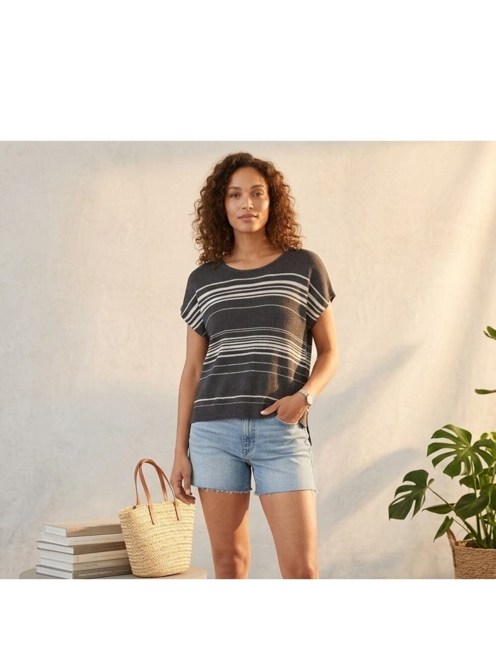 Eileen Fisher Striped Knit Sweater Organic Linen Blend Charcoal White Boxy Sz M